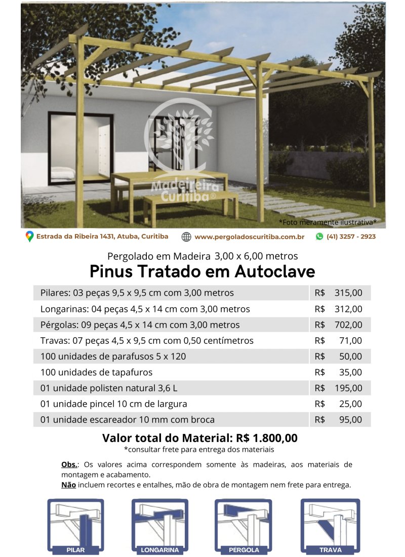 Modelo 32 Pegolado Pinus Tratado em Autoclave 3,00 x 6,00 metros 3 colunas 10x10 sem pingadeira (3)-1
